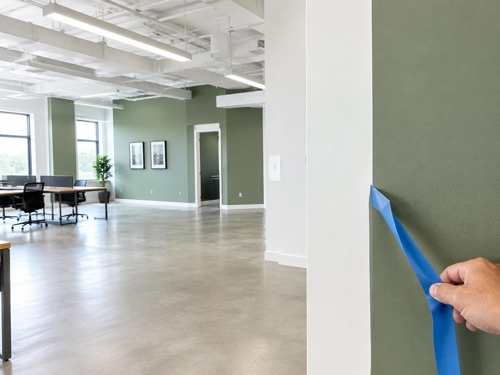Modern office painted white and sage green